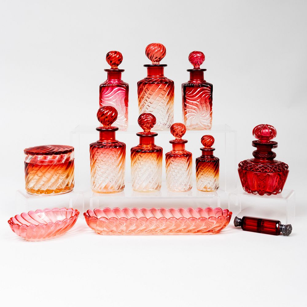 Appraisal: Group of French Amberina Pressed Glass Scent Bottles and Table