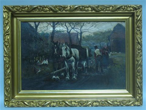 Appraisal: L PERINE FARM SCENE Oil on canvas x in sight