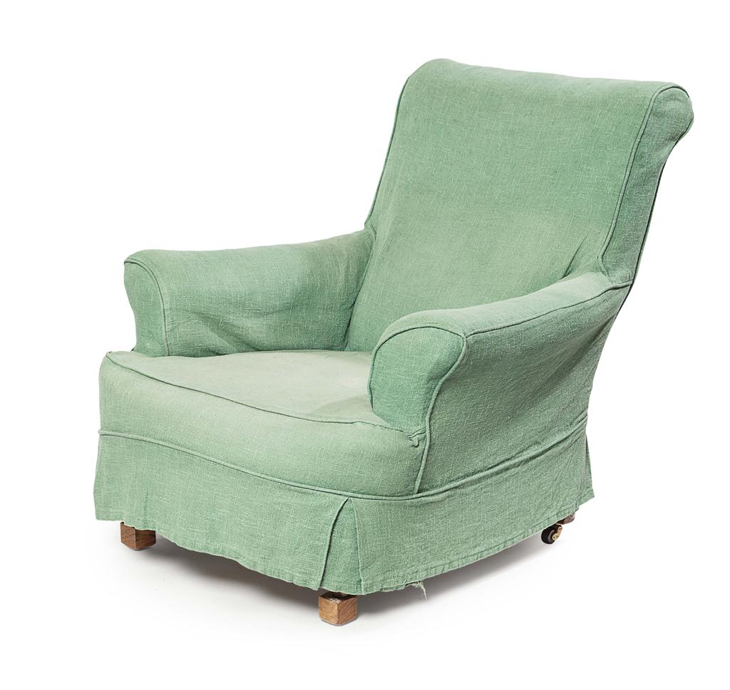 Appraisal: VICTORIAN UPHOLSTERED EASY ARMCHAIR LATE TH CENTURY with green fabric