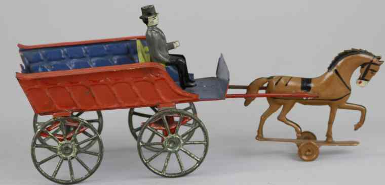 Appraisal: EARLY TIN CART WITH HORSE Hand painted open wagon from