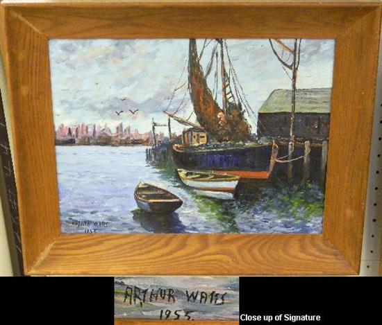 Appraisal: Arthur Watts oil on board of moored boats signed and