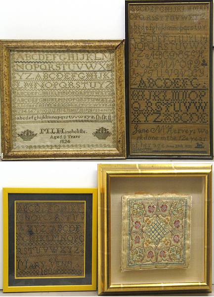 Appraisal: A group of three English samplers and silk needlework panel