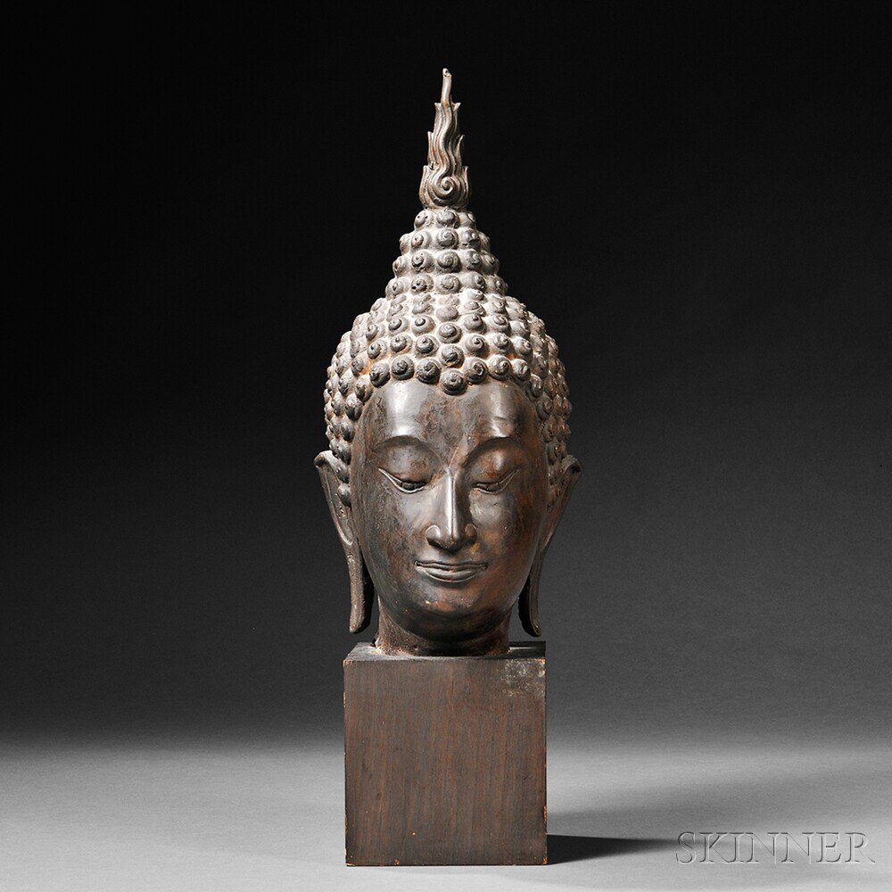 Appraisal: Bronze Sukhothai-style Buddha Head Thailand the face oval with arched