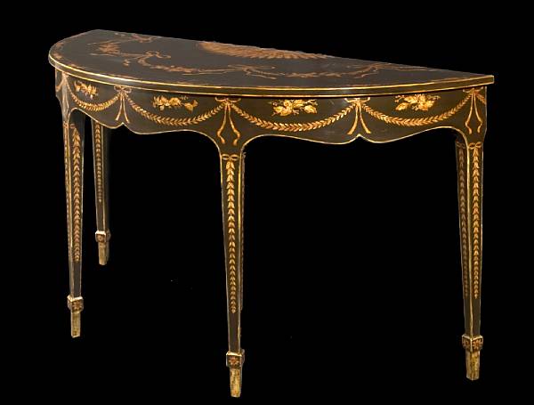 Appraisal: A George III style black lacquered and paint decorated demilune