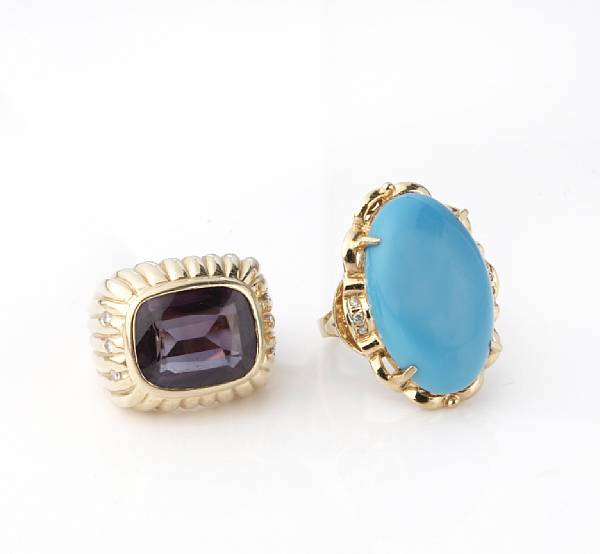 Appraisal: A collection of four gem-set and gold rings one stone