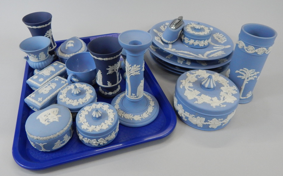 Appraisal: Various items of Wedgwood blue Jasperware to include candlestick cylindrical