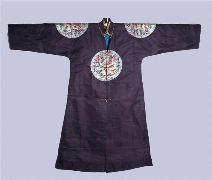 Appraisal: Chinese embroidered silk robe with elaborate multi-color dragon panel with