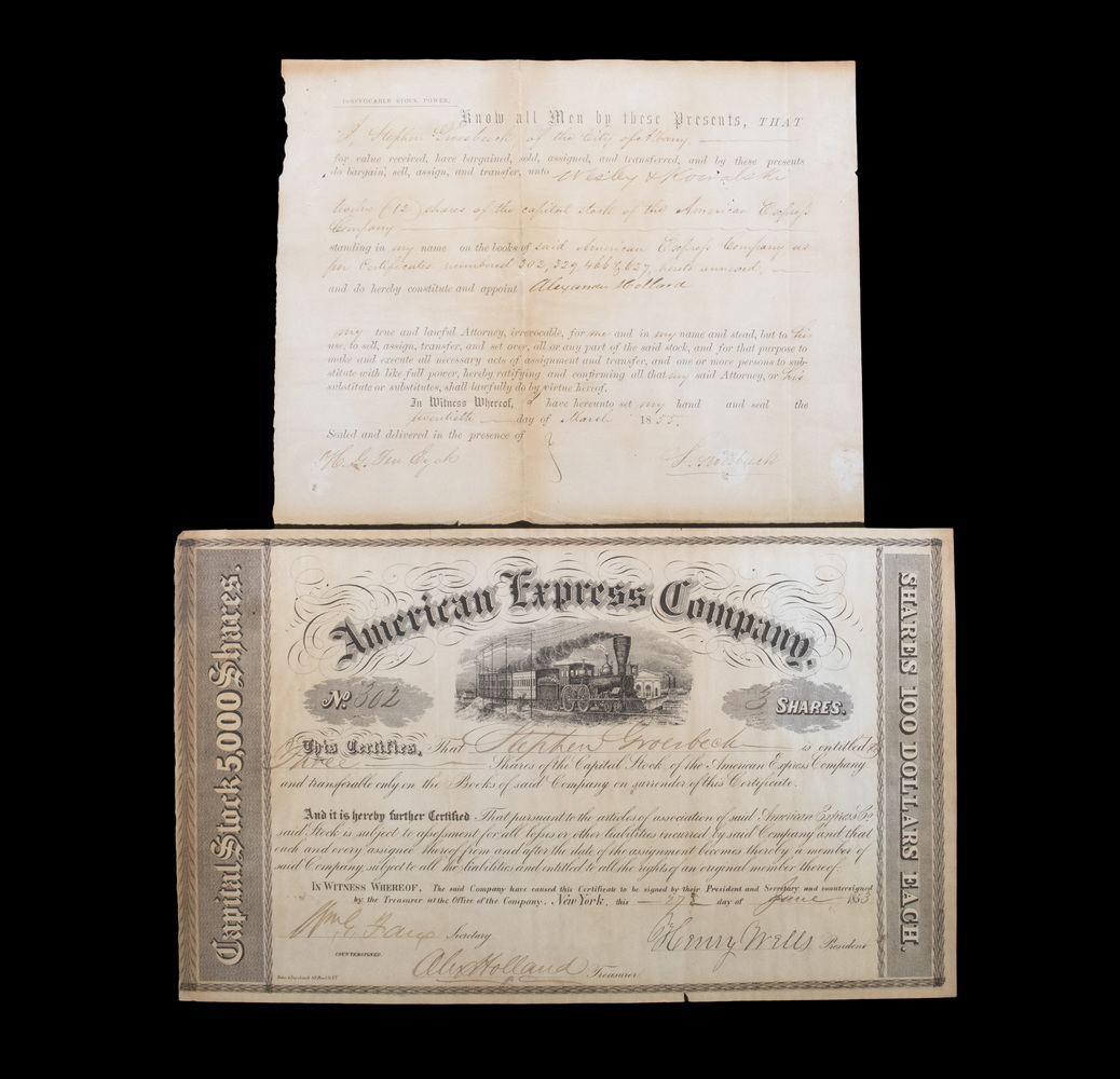 Appraisal: FIRST ISSUE AMERICAN EXPRESS CO STOCK CERTIFICATE SIGNED BY WELLS