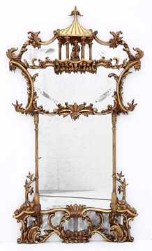 Appraisal: Chippendale style chinoiserie giltwood mirror mid th century pagoda pediment