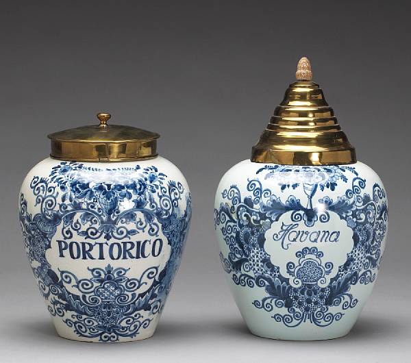 Appraisal: Two Dutch blue and white Delft tobacco jars th century