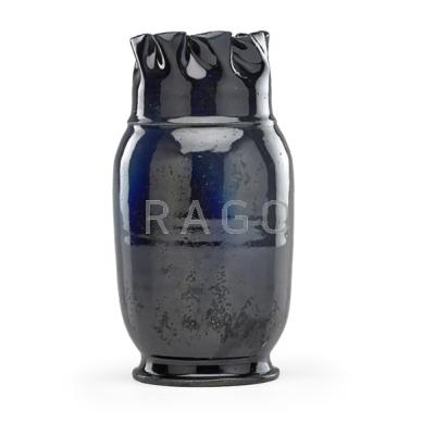 Appraisal: GEORGE OHR - Tall vase with folded rim indigo blue