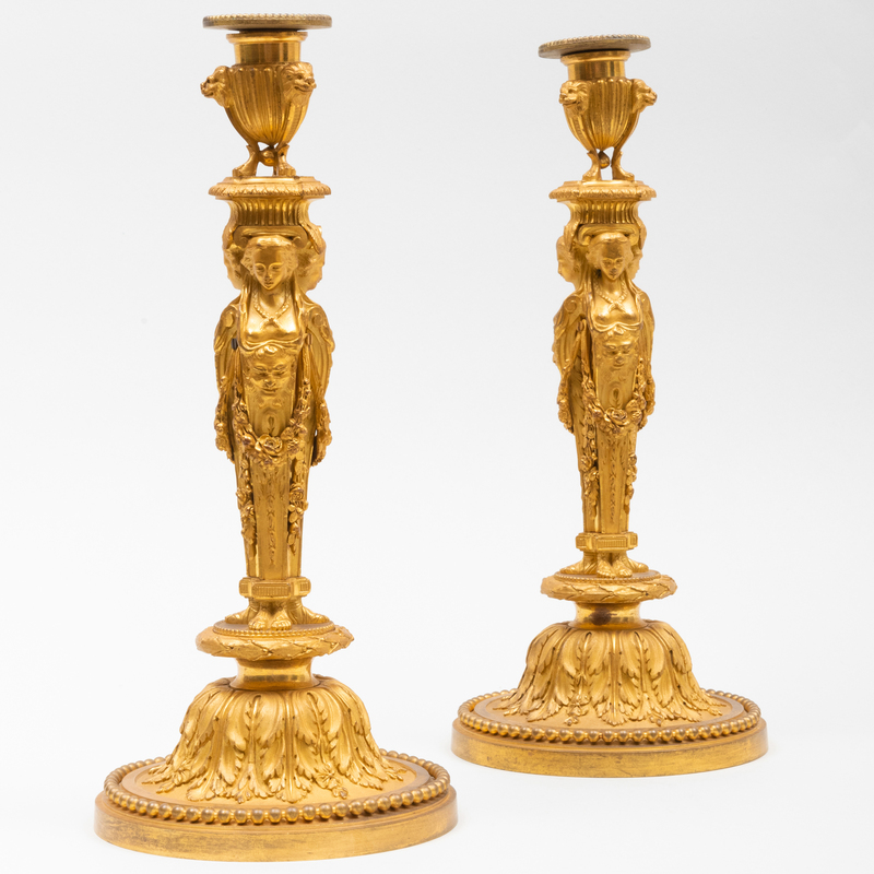 Appraisal: PAIR OF LOUIS XVI STYLE GILT-BRONZE CANDLESTICKS x in diam