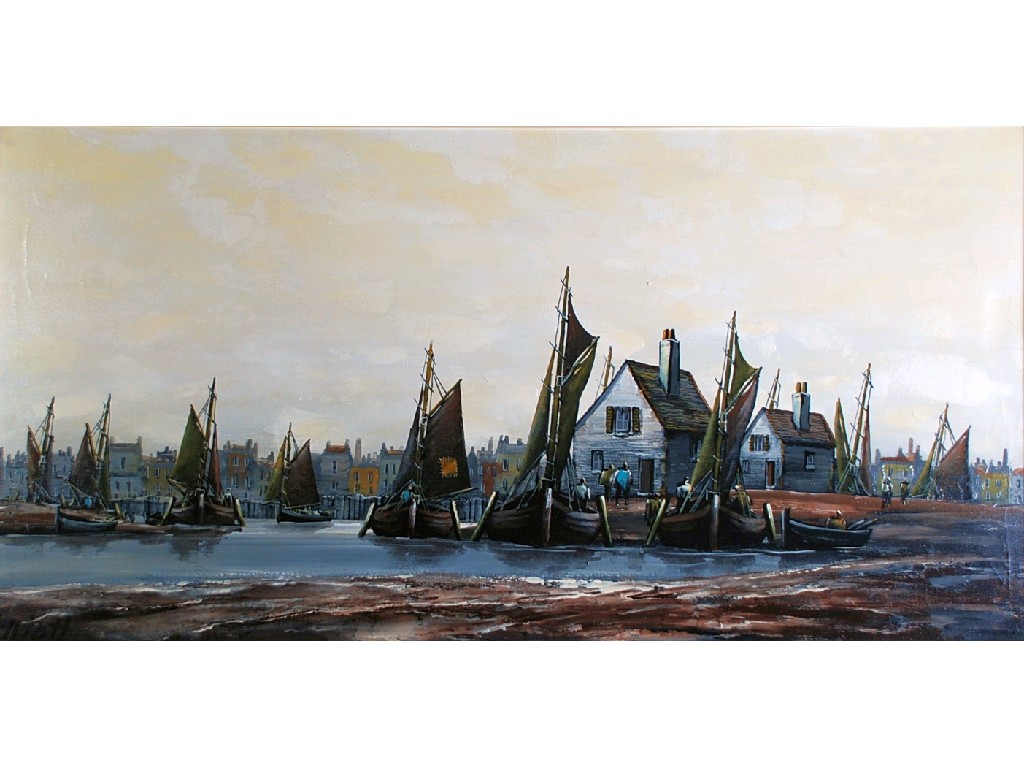 Appraisal: ELLIOTT twentieth century OIL ON CANVAS Harbour scene with fishing