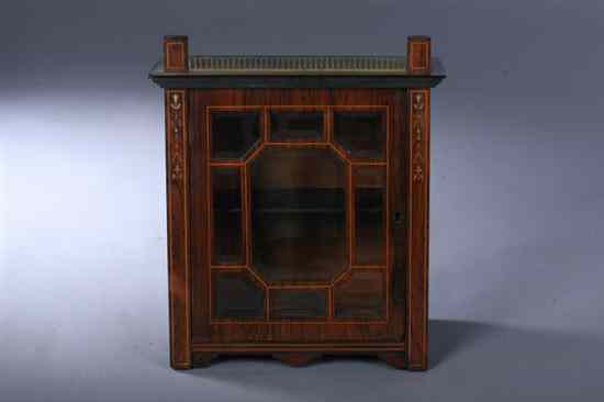 Appraisal: EDWARDIAN ROSEWOOD HANGING VITRINE Inlaid column sides brass gallery above