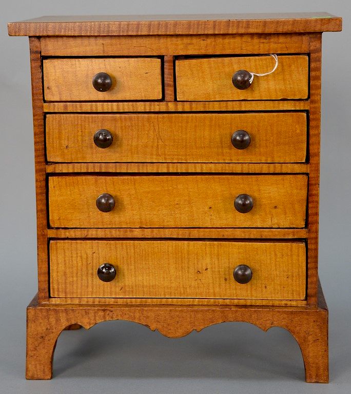 Appraisal: Diminutive tiger maple chest two over three drawers height in