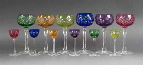 Appraisal: Set six Bohemian colored etched-to-clear wine stems and matching cordials