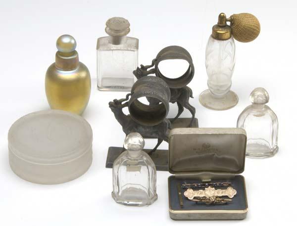 Appraisal: MIXED GLASS Including five perfume bottles one marked LCT and