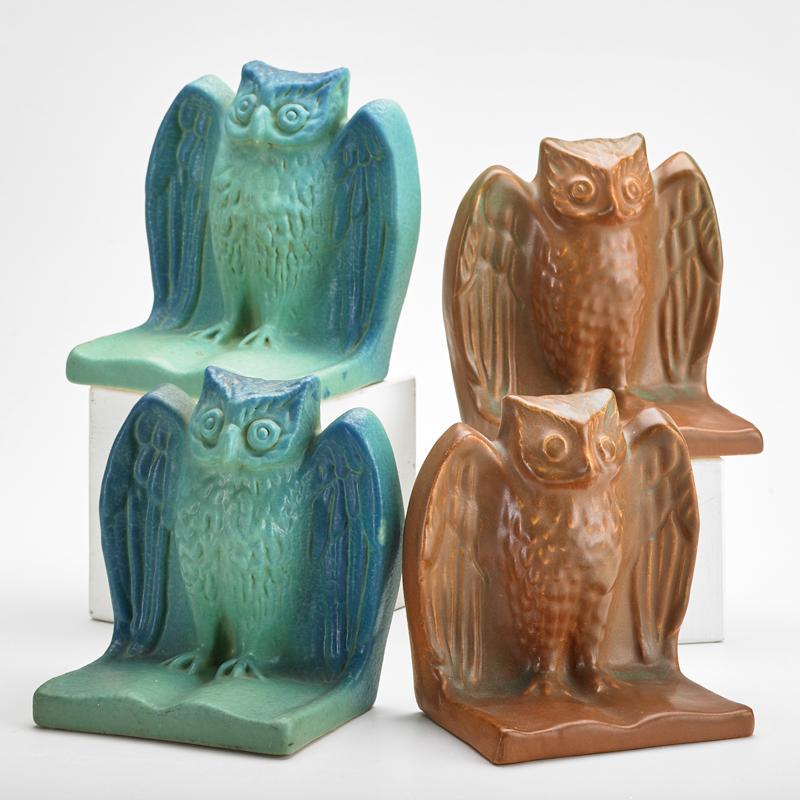 Appraisal: VAN BRIGGLE Two pair owl bookends Ming Blue and Mountain