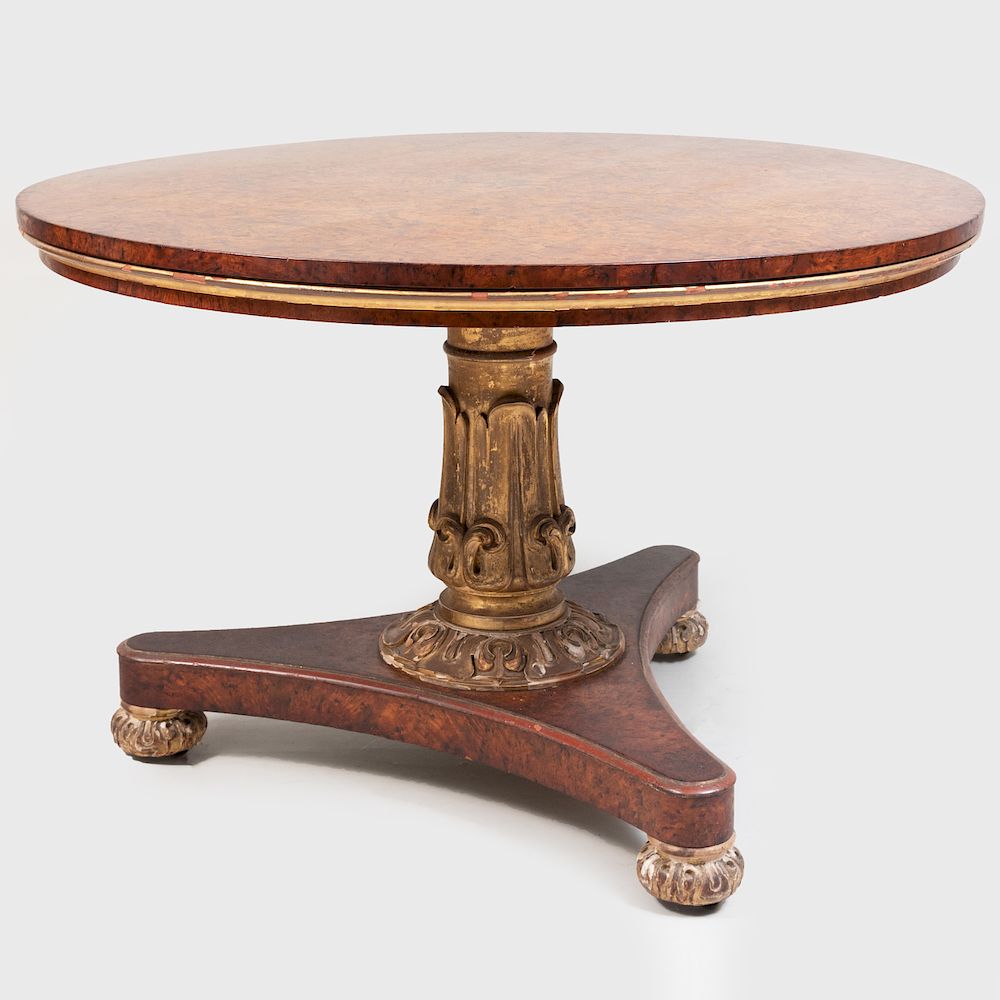 Appraisal: George IV Burl Mulberry and Parcel-Gilt Center Table With tilt