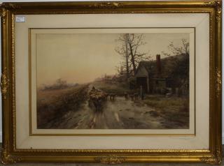 Appraisal: Frank English American - Country lane with sheep watercolor on