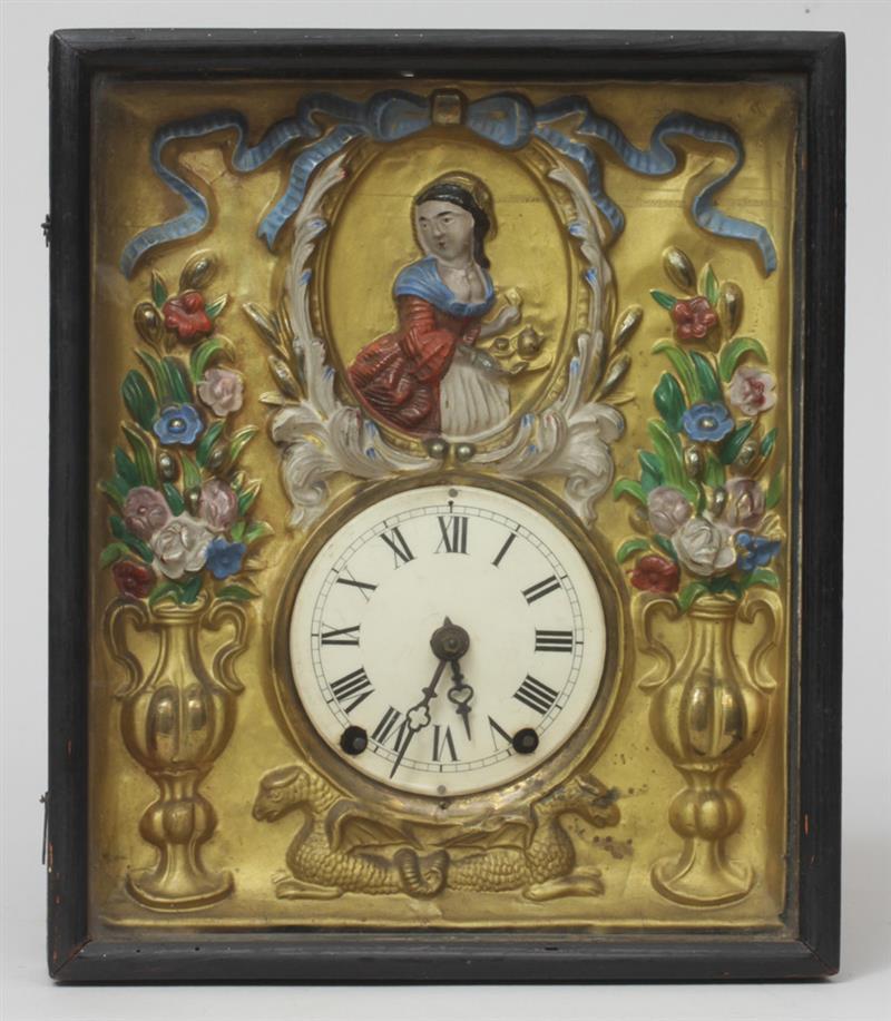 Appraisal: German Painted and Repouss Brass Wall Clock in Box Case