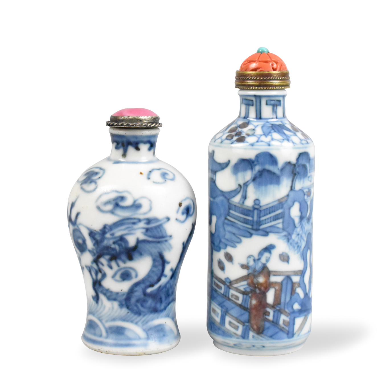 Appraisal: Two Chinese snuff bottles blue white copper red white The