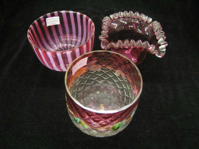 Appraisal: Victorian Cranberry Art Glass Bowls enameled opalescent ruffle edge