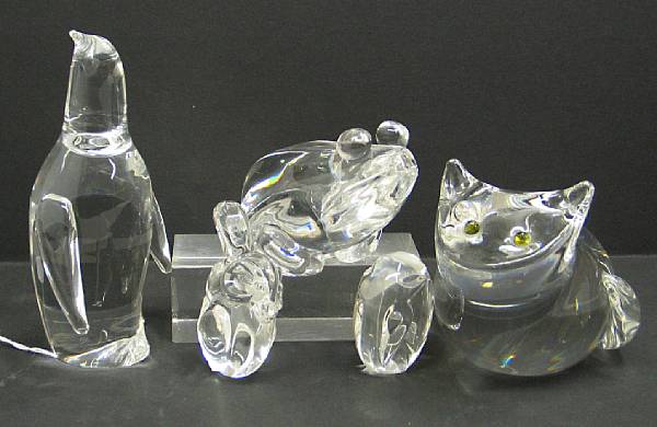 Appraisal: Five Steuben glass animals Comprising cat with applied green eyes