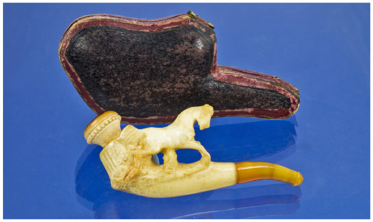 Appraisal: Cased Meerschaum Pipe Showing A Carved Prancing Horse Amber Mouth