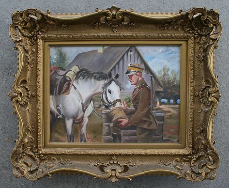 Appraisal: WW I GERMAN LIGHT CAVALRY SOLDIER FEEDING HORSE OIL C