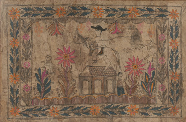 Appraisal: Unusual folk art Spanish scene depicting a matador riding a