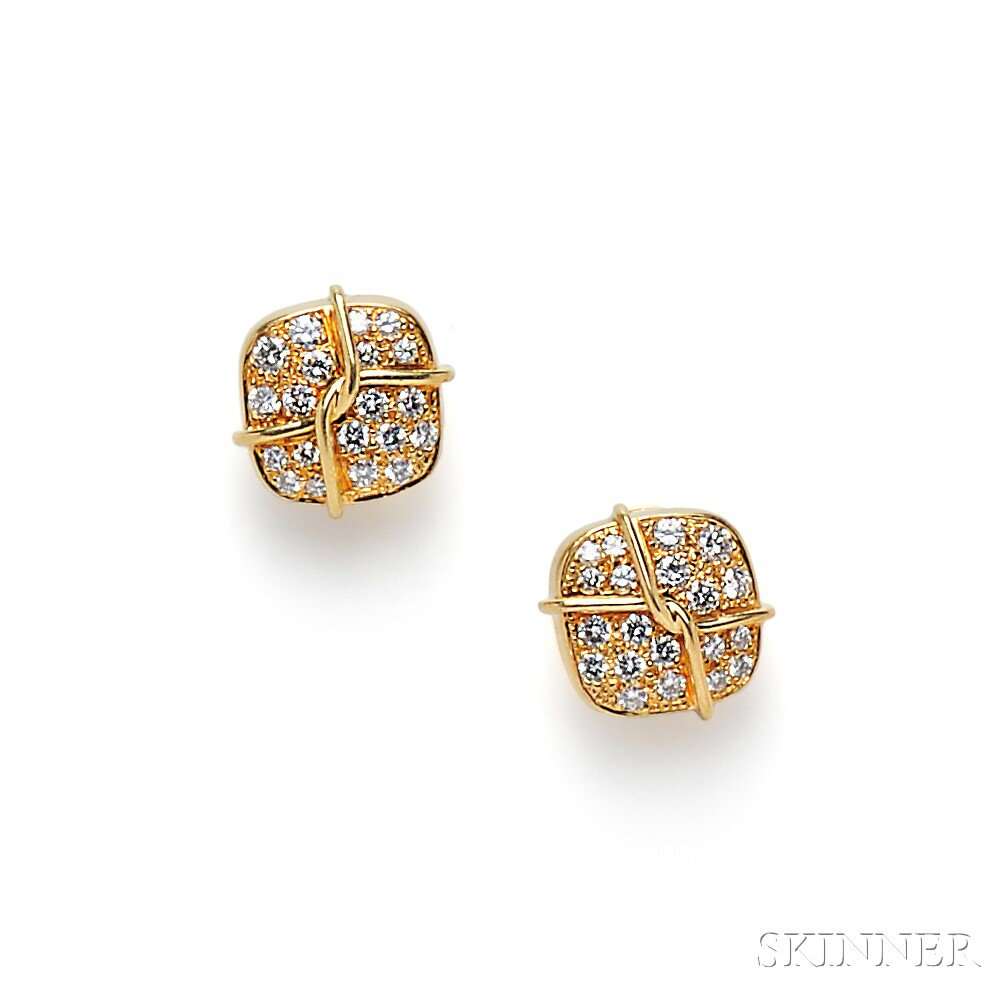 Appraisal: kt Gold and Diamond Earclips each designed as a cushion