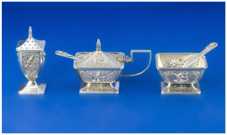 Appraisal: Sterling Silver Three Piece Condiment Set Of Rectangular Form Indian