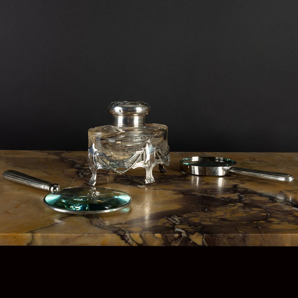 Appraisal: Assembled Silver-Mounted Desk Accessories Comprising A Continental silver-mounted etched glass