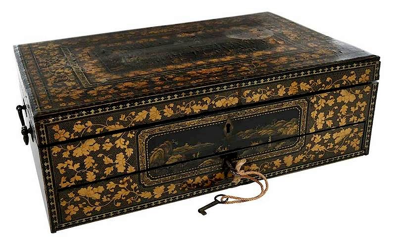 Appraisal: Chinese Export Gilt Decorated Lacquer Sewing Box th century decorated