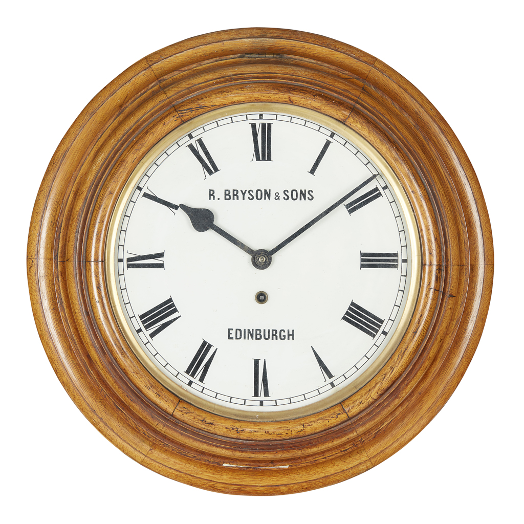 Appraisal: LARGE OAK STATION CLOCK BRYSON EDINBURGH LATE TH CENTURY the