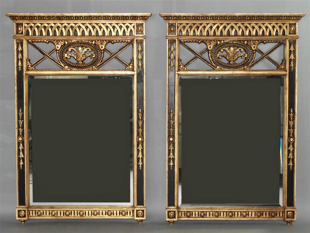 Appraisal: PAIR OF NEOCLASSICAL STYLE BLACK AND GOLD PAINTED WALL MIRRORS