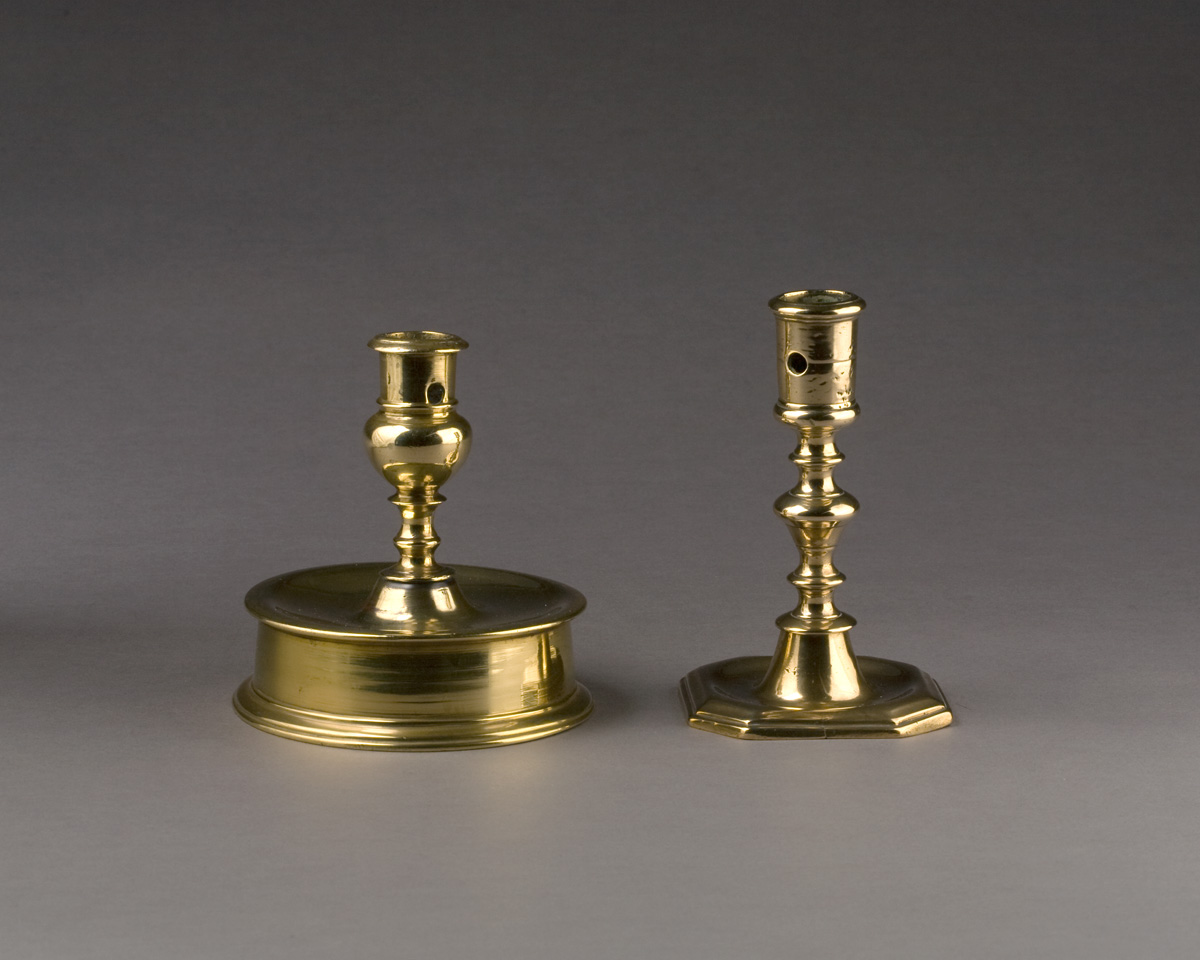 Appraisal: WILLIAM AND MARY BRASS CANDLESTICK CIRCA The cylindrical nozzle above