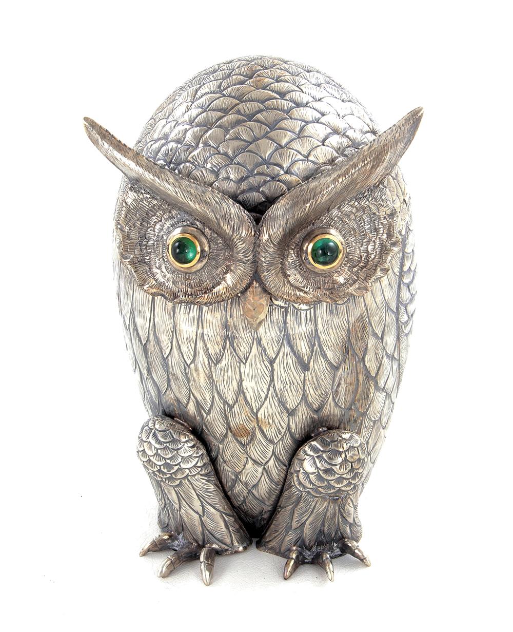 Appraisal: European silver owl-form box probably Italian repousse-worked design gilded interior