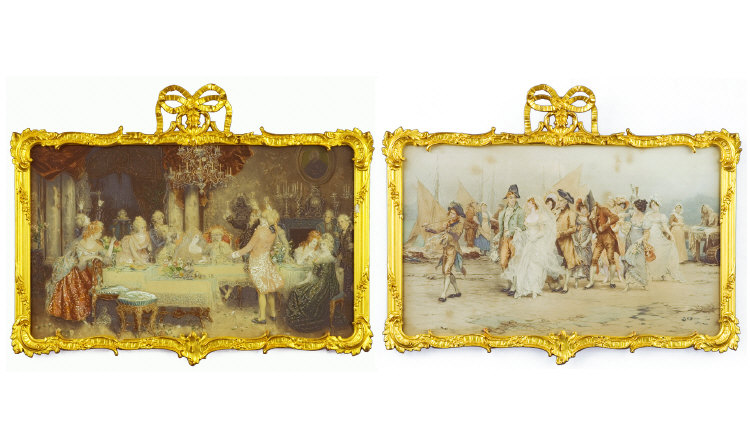 Appraisal: Pair of Watercolour Body Colour over Print th Century scenes