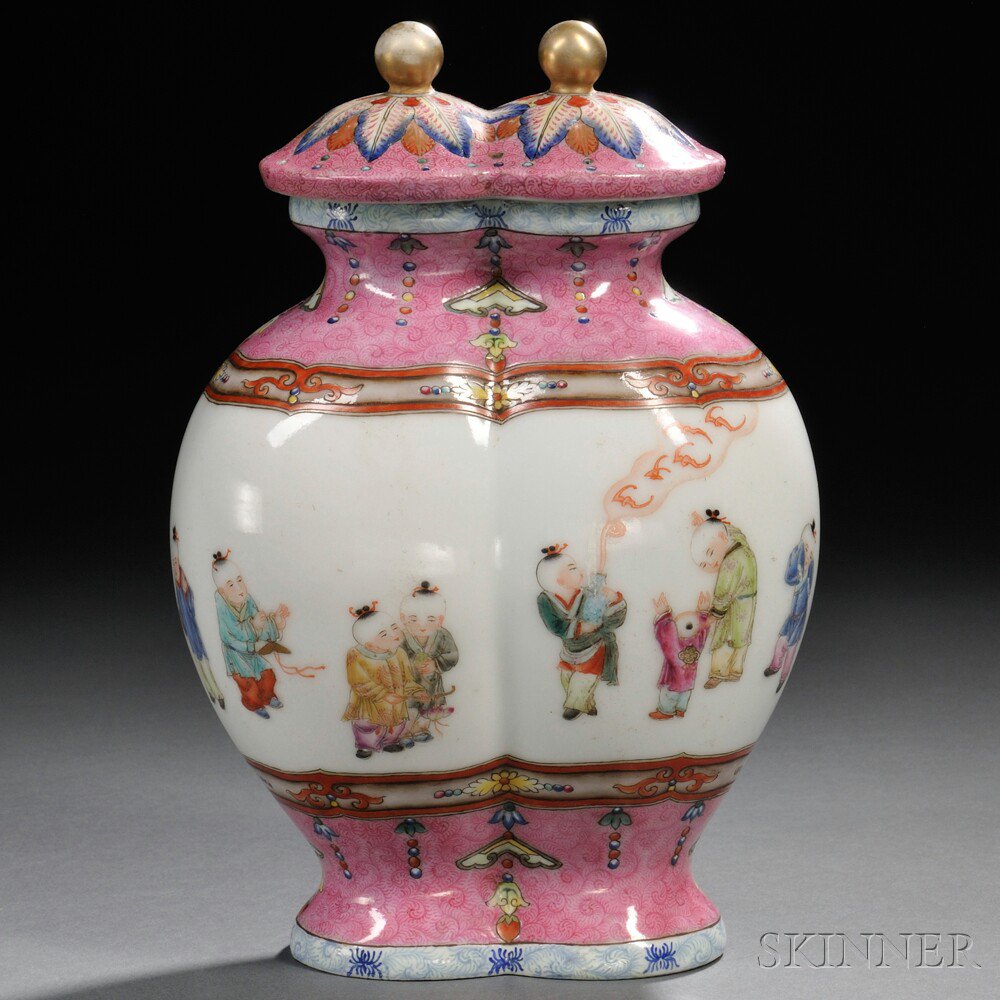 Appraisal: Famille Rose Twin Covered Jar China baluster form with a