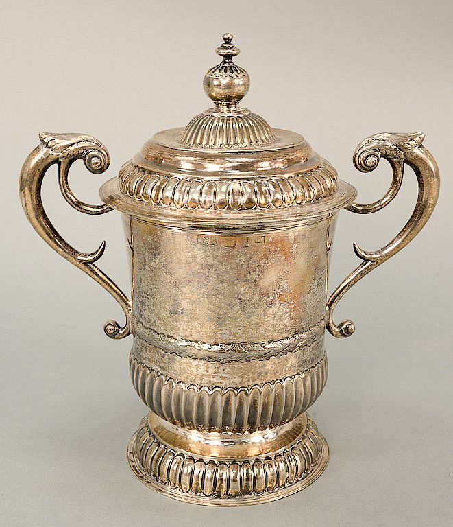 Appraisal: Silver cup with cover and two scrolled handles ht in