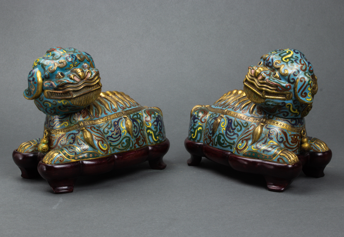 Appraisal: PAIR OF CHINESE CLOISONNE ENAMEL LION-FORM CONTAINERS Pair of Chinese