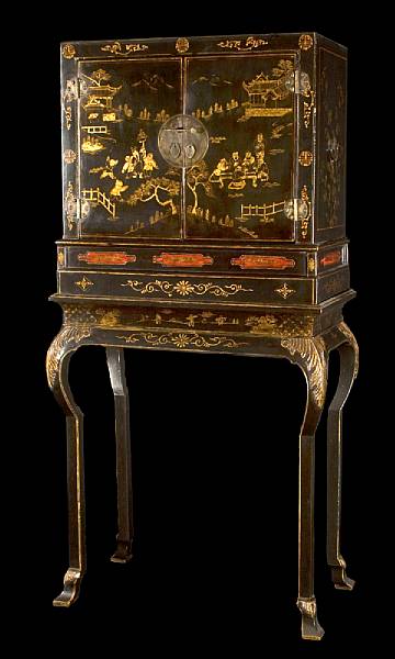 Appraisal: A Chinese black lacquered cabinet on later stand cabinet th