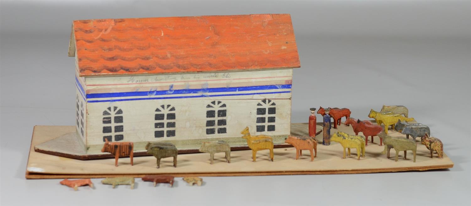 Appraisal: Noah s Ark painted wood Noah and wife carved animals