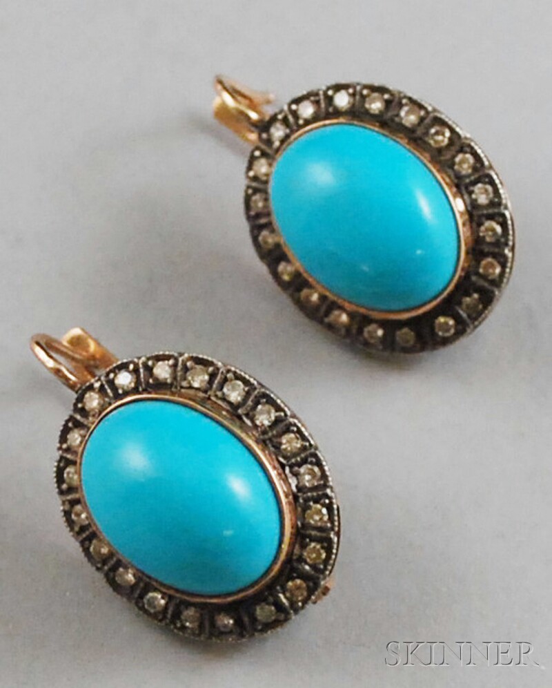 Appraisal: Pair of kt Rose Gold Cabochon Turquoise and Diamond Earrings