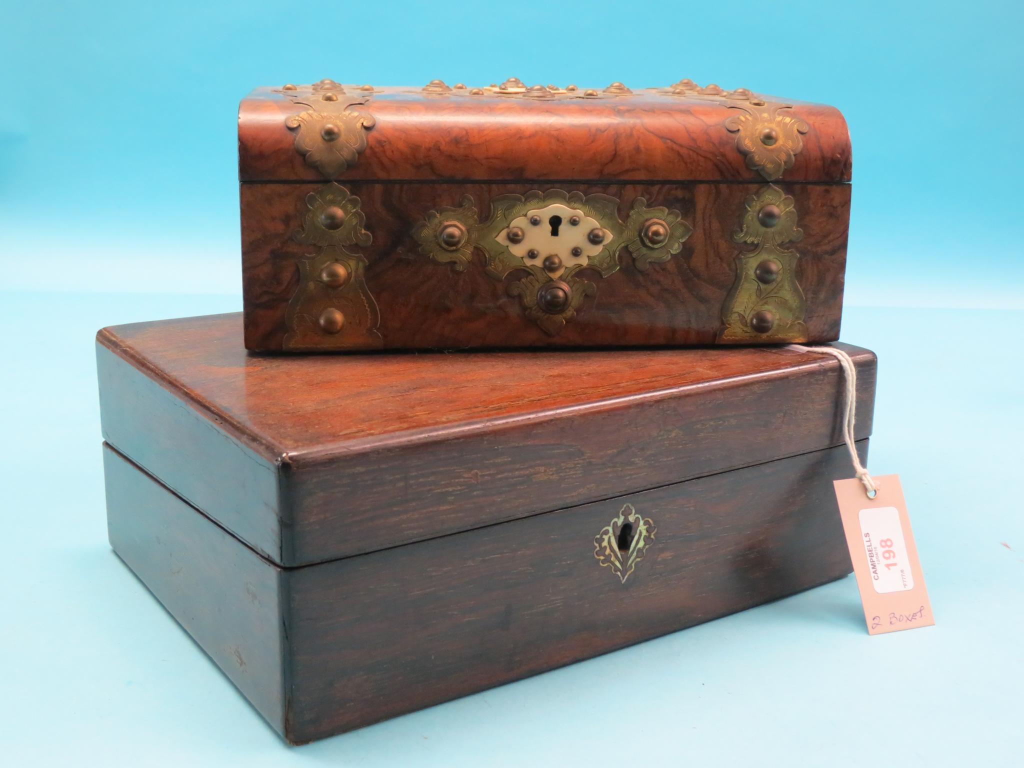 Appraisal: A Victorian burr walnut jewellery casket with engraved brass mounts