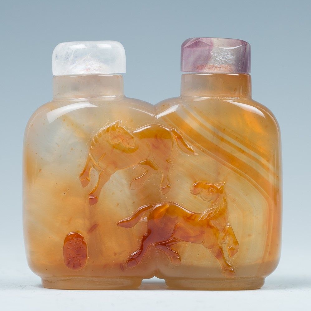 Appraisal: AGATE DOUBLE SNUFF BOTTLES Two snuff bottle attached each of