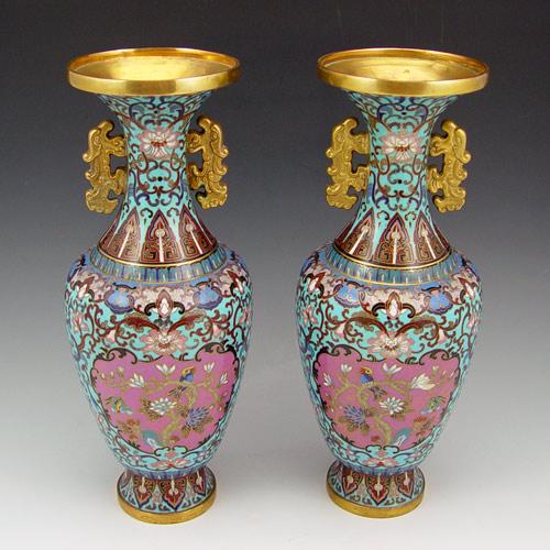 Appraisal: PAIR CHINESE CLOISONNE VASES Blue ground with bird decoration in