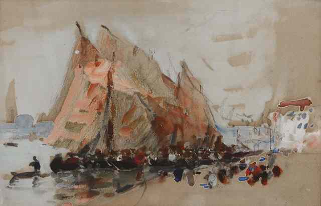 Appraisal: ATTRIBUTED TO HERCULES BRABAZON BRABAZON - Fishing boats docked in